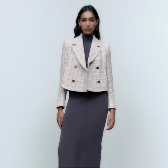 Zara Double Breasted Textured Weave Jacket Blazer Size Medium - Picture 3 of 11